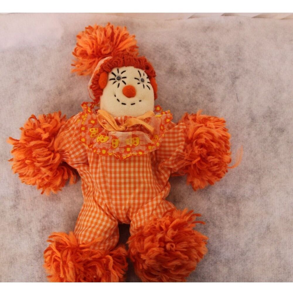 Vintage Handmade Pom Pom Clown Doll Orange Gingham Checkerboard Circus Kitsch